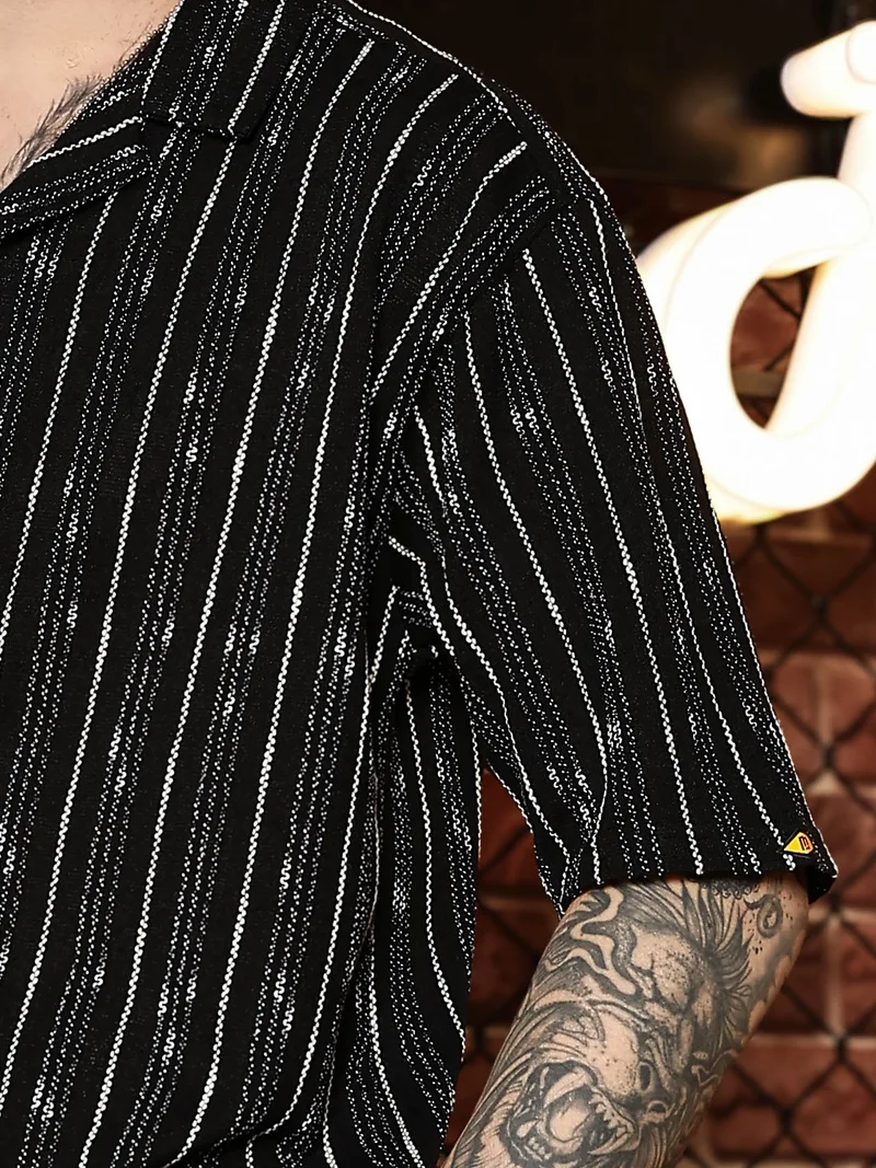 Maniac  Maniac Mens Textured Lines Collared Neck Full Sleeve Black & White Cotton Shirt for Men | Best Price UAE